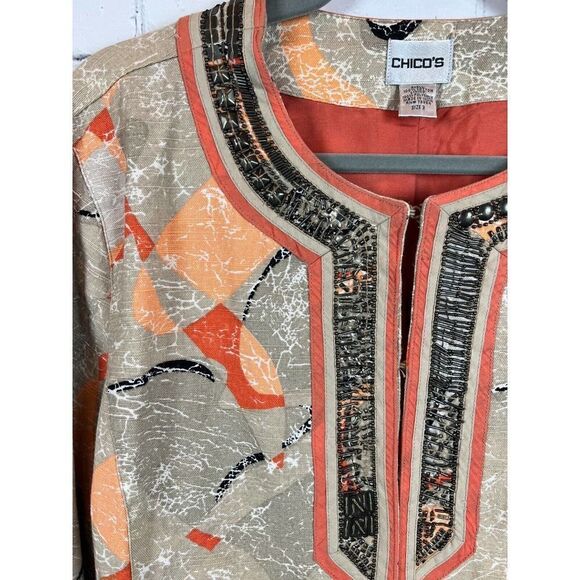 CHICO'S cotton beaded lined 3/4 sleeve jacket blazer size 3 16/18 XL - Picture 2 of 9